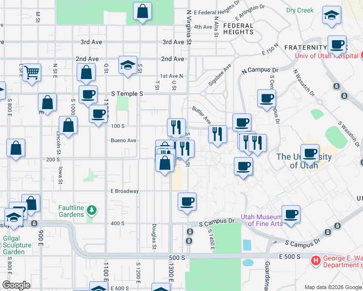 map of restaurants, bars, coffee shops, grocery stores, and more near 169 South 1300 East in Salt Lake City