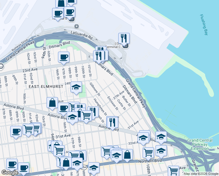 map of restaurants, bars, coffee shops, grocery stores, and more near 25-27 Curtis Street in Queens