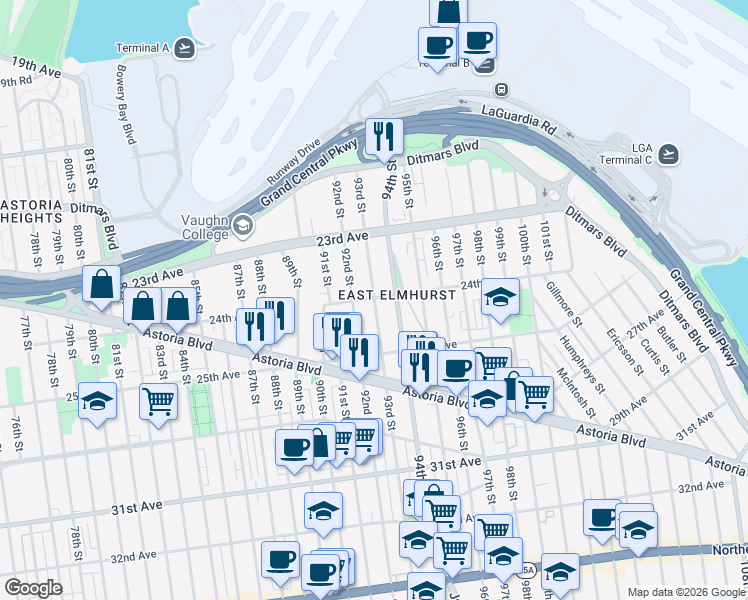 map of restaurants, bars, coffee shops, grocery stores, and more near in Queens
