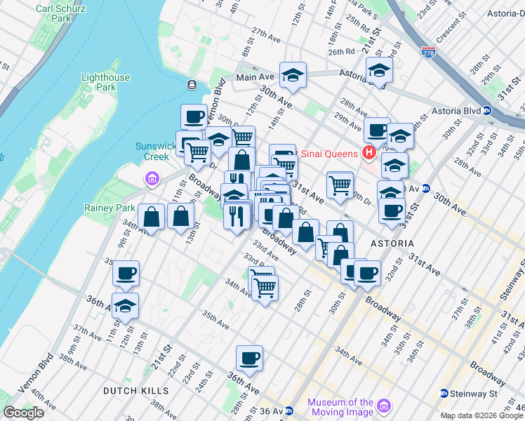 map of restaurants, bars, coffee shops, grocery stores, and more near 31-62 21st Street in Queens