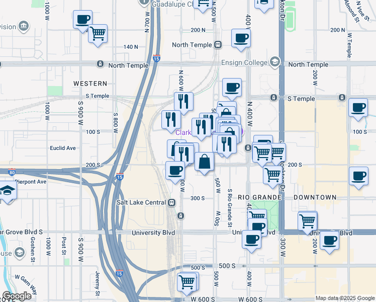 map of restaurants, bars, coffee shops, grocery stores, and more near 155 South 600 West in Salt Lake City