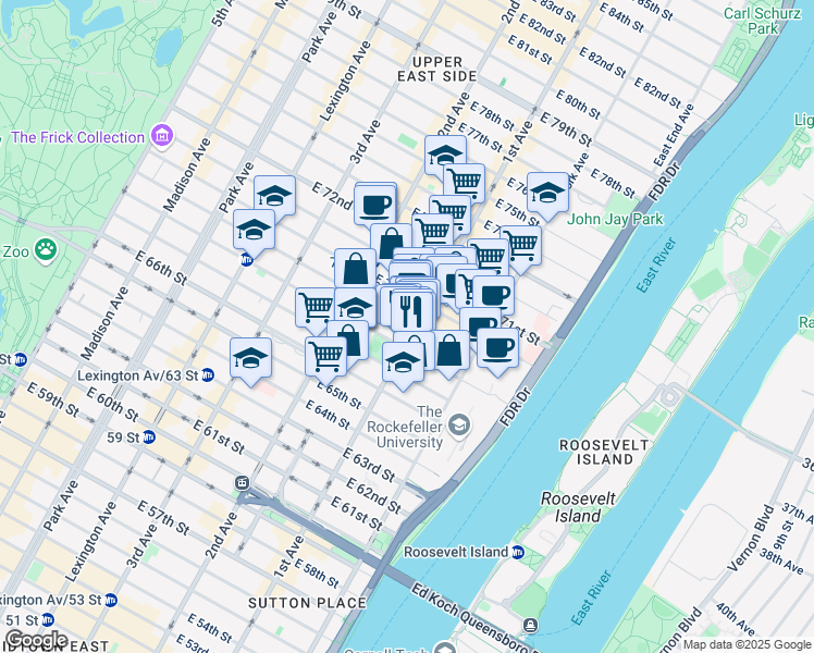 map of restaurants, bars, coffee shops, grocery stores, and more near 1274 1st Avenue in New York
