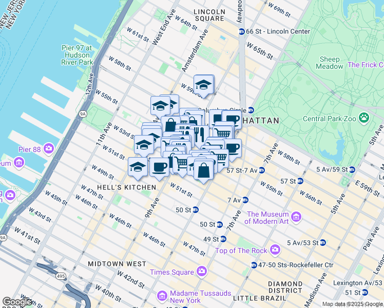 map of restaurants, bars, coffee shops, grocery stores, and more near 345 West 53rd Street in New York