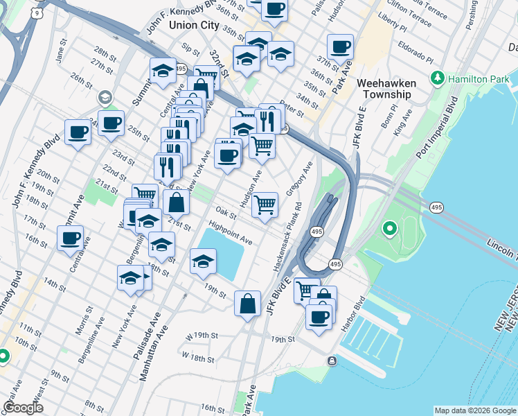 map of restaurants, bars, coffee shops, grocery stores, and more near 104 Shippen Street in Weehawken