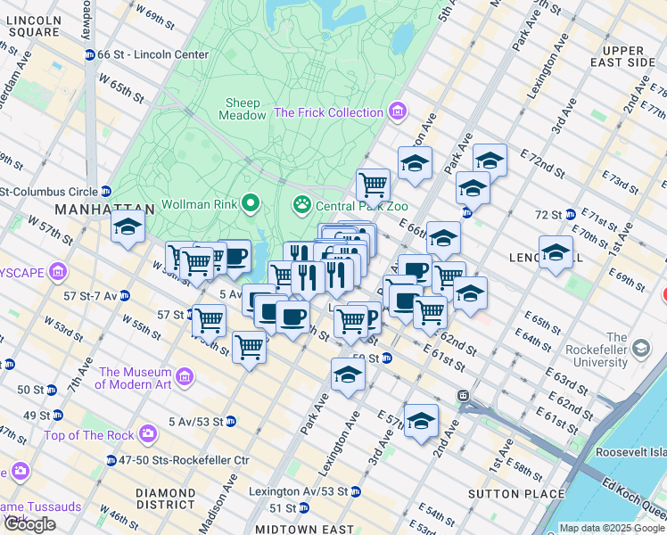 map of restaurants, bars, coffee shops, grocery stores, and more near 15 East 62nd Street in New York