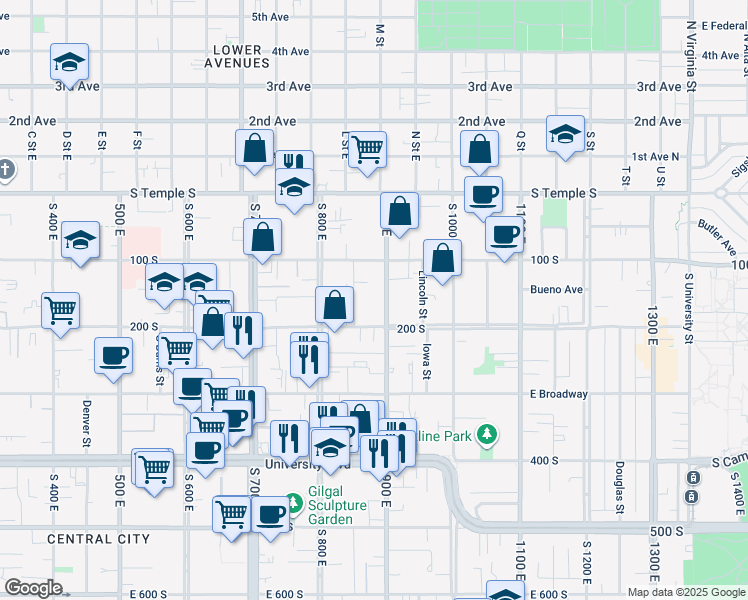 map of restaurants, bars, coffee shops, grocery stores, and more near 174 South 900 East in Salt Lake City
