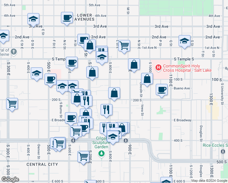 map of restaurants, bars, coffee shops, grocery stores, and more near 165 Dooley Court East in Salt Lake City