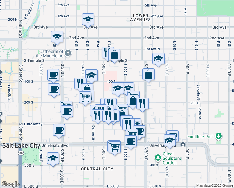 map of restaurants, bars, coffee shops, grocery stores, and more near 182 South 600 East in Salt Lake City