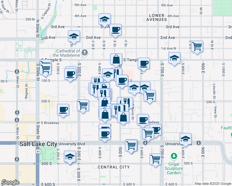 map of restaurants, bars, coffee shops, grocery stores, and more near 475 East 200 South in Salt Lake City