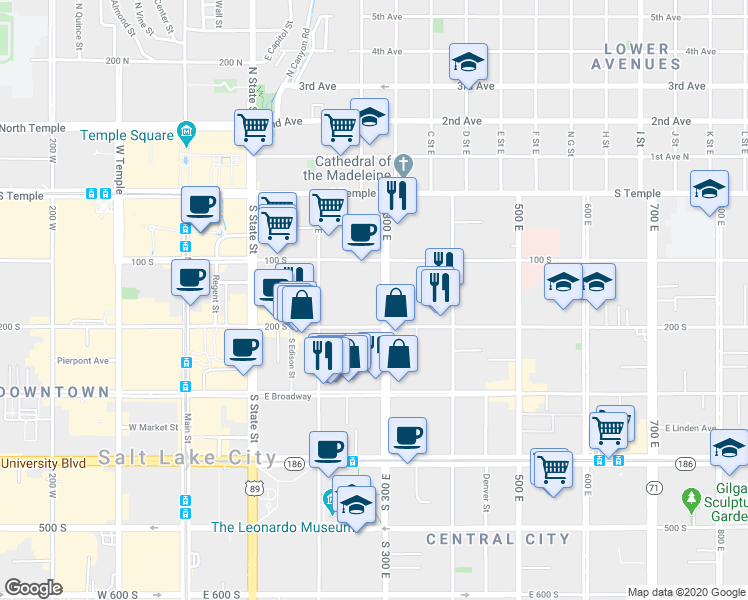 map of restaurants, bars, coffee shops, grocery stores, and more near 257 East 200 South in Salt Lake City