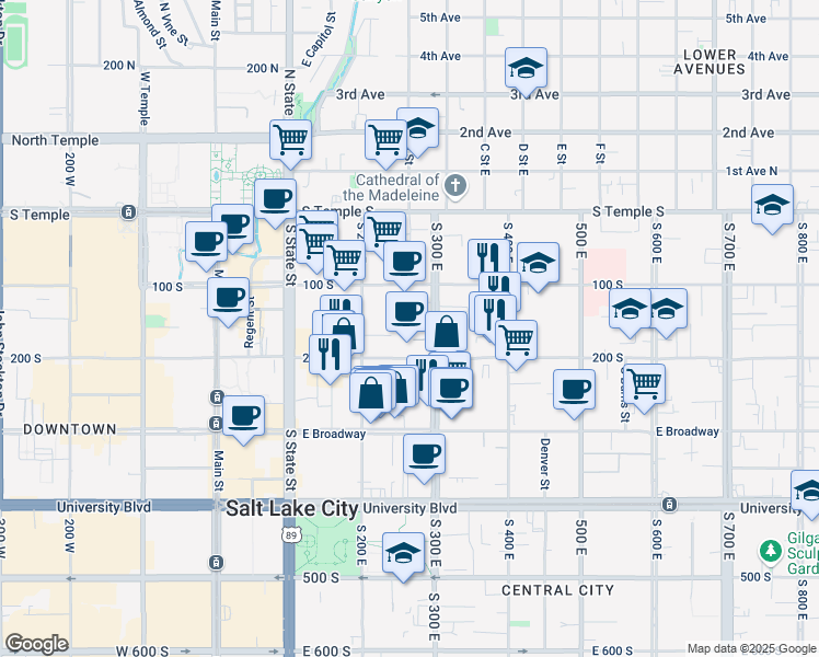 map of restaurants, bars, coffee shops, grocery stores, and more near 257 East 200 South in Salt Lake City