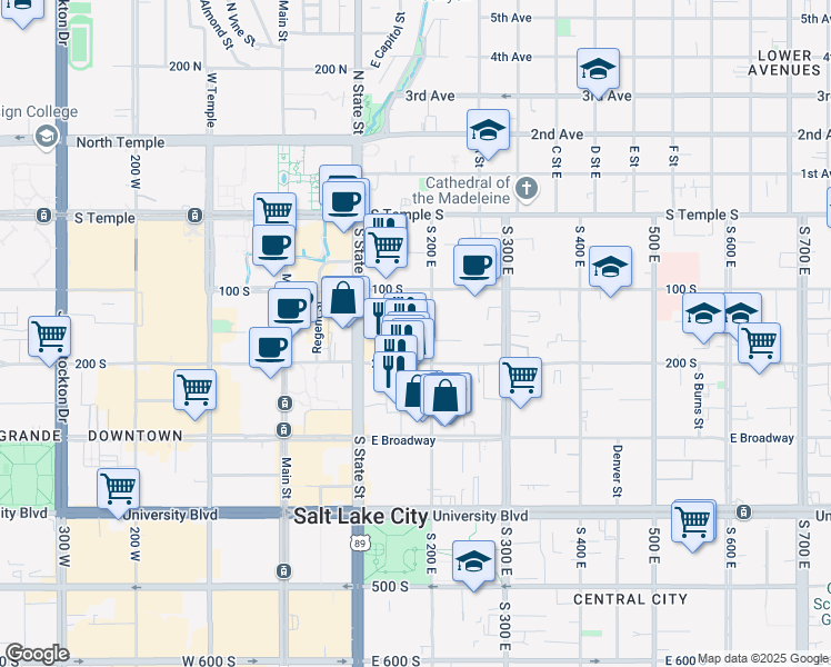 map of restaurants, bars, coffee shops, grocery stores, and more near in Salt Lake City