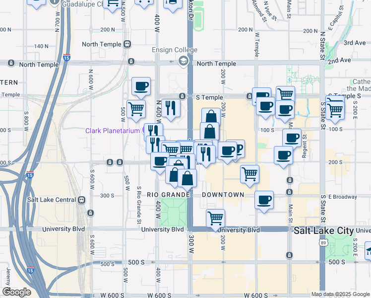 map of restaurants, bars, coffee shops, grocery stores, and more near 316 West 200 South in Salt Lake City
