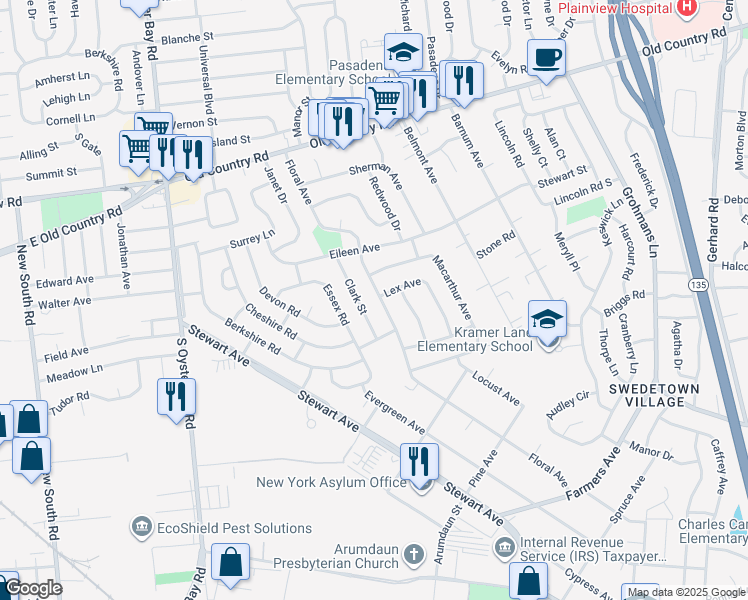 map of restaurants, bars, coffee shops, grocery stores, and more near 24 Clark Street in Plainview