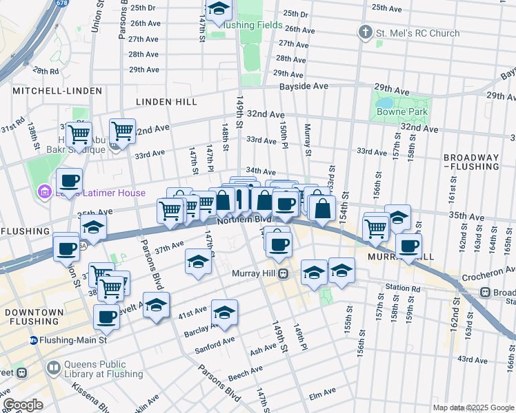 map of restaurants, bars, coffee shops, grocery stores, and more near 35-35 149th Place in Queens