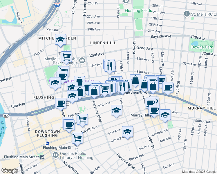 map of restaurants, bars, coffee shops, grocery stores, and more near 35-20 146th Street in Queens