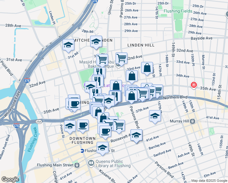 map of restaurants, bars, coffee shops, grocery stores, and more near 139-66 35th Avenue in Queens