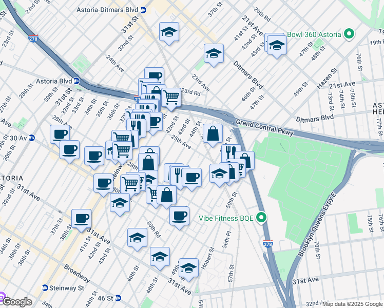 map of restaurants, bars, coffee shops, grocery stores, and more near 25-19 45th Street in Queens
