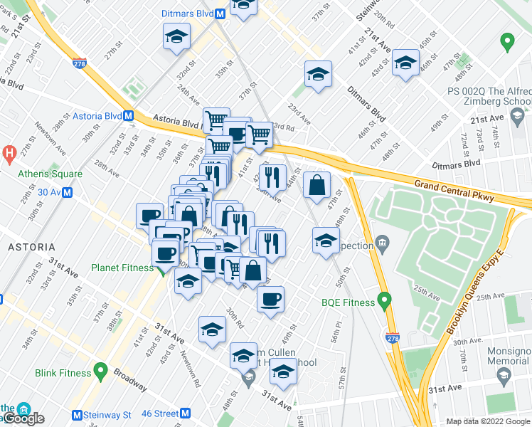 map of restaurants, bars, coffee shops, grocery stores, and more near 25-40 44th Street in Queens