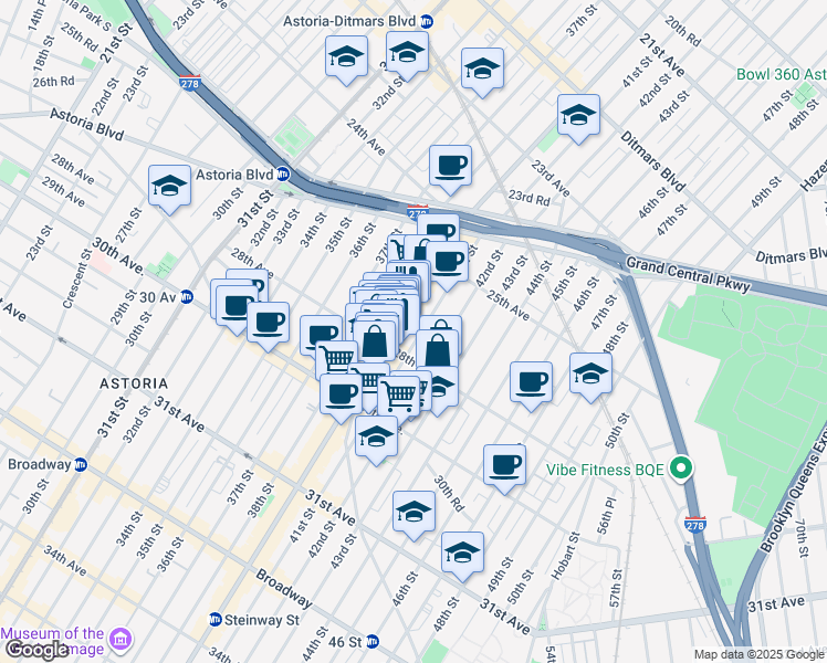 map of restaurants, bars, coffee shops, grocery stores, and more near 25-95 Steinway Street in Queens