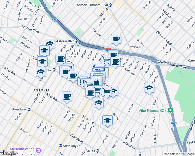map of restaurants, bars, coffee shops, grocery stores, and more near in Queens