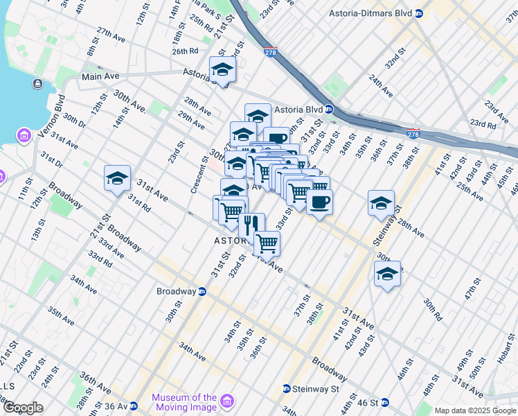 map of restaurants, bars, coffee shops, grocery stores, and more near 30-40 32nd Street in Queens
