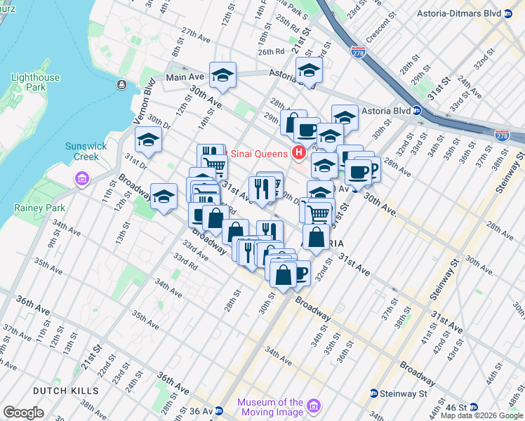 map of restaurants, bars, coffee shops, grocery stores, and more near in Queens