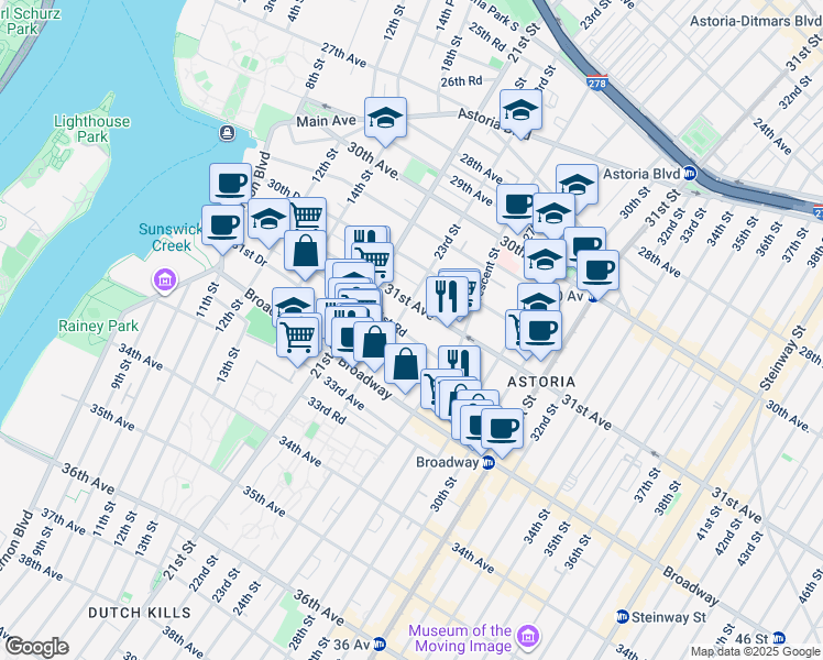 map of restaurants, bars, coffee shops, grocery stores, and more near 31-41 23rd Street in Queens