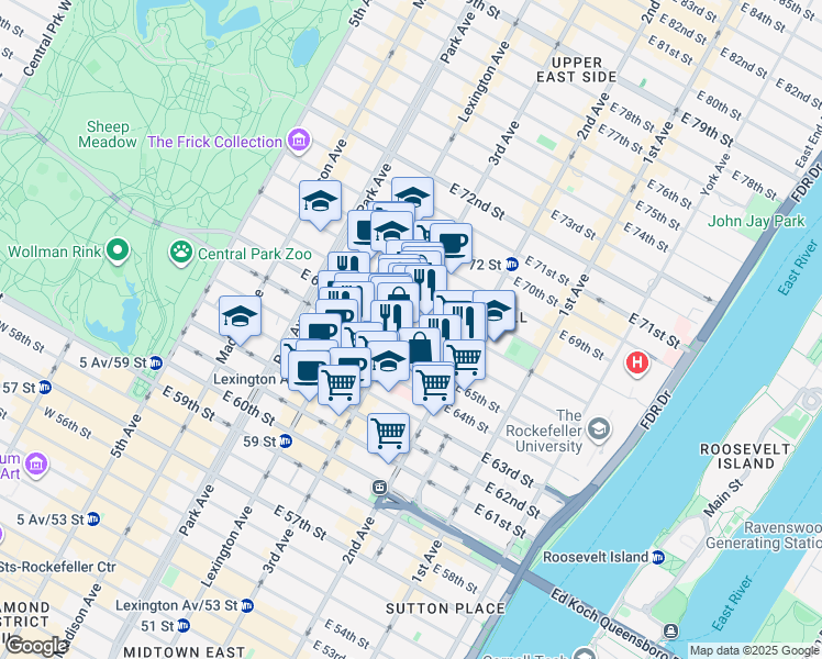 map of restaurants, bars, coffee shops, grocery stores, and more near 200-210 East 65th Street in New York
