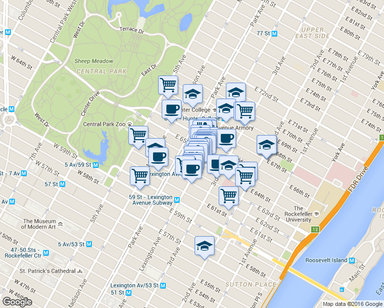 map of restaurants, bars, coffee shops, grocery stores, and more near in New York