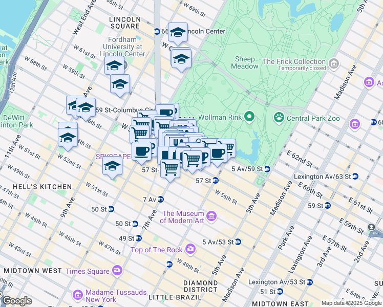 map of restaurants, bars, coffee shops, grocery stores, and more near 146 West 57th Street in New York