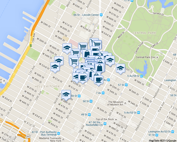 map of restaurants, bars, coffee shops, grocery stores, and more near 304 West 55th Street in New York