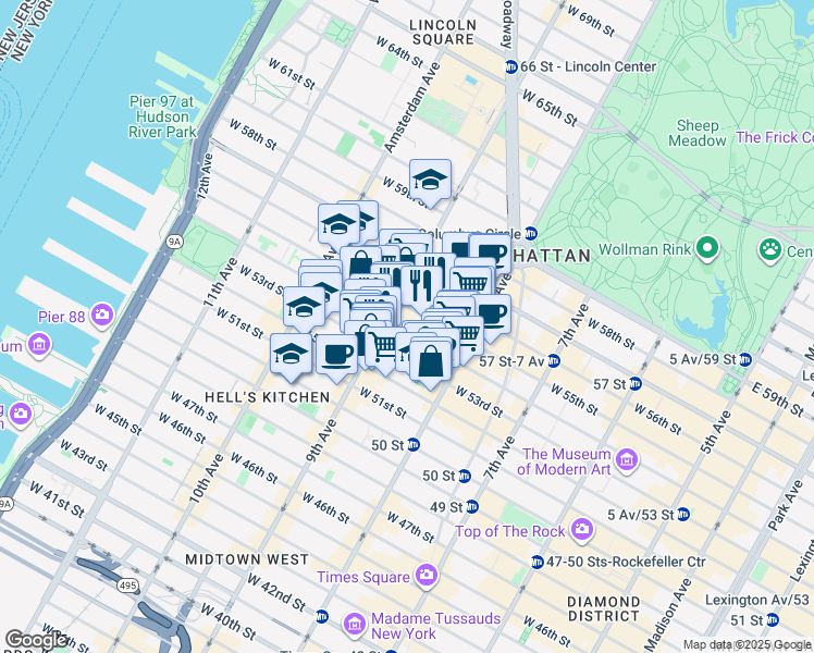 map of restaurants, bars, coffee shops, grocery stores, and more near 345 West 53rd Street in New York