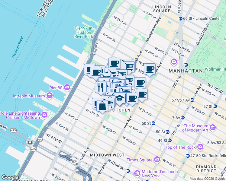 map of restaurants, bars, coffee shops, grocery stores, and more near in New York