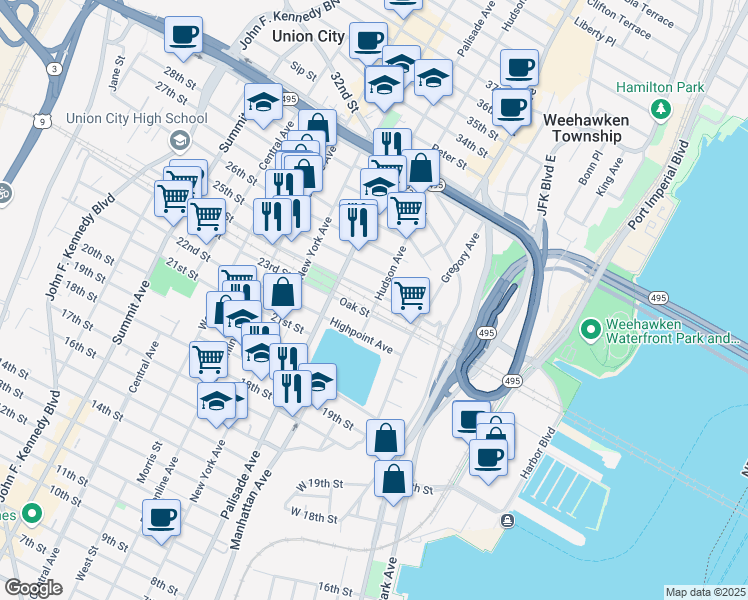 map of restaurants, bars, coffee shops, grocery stores, and more near 134 Oak Street in Weehawken