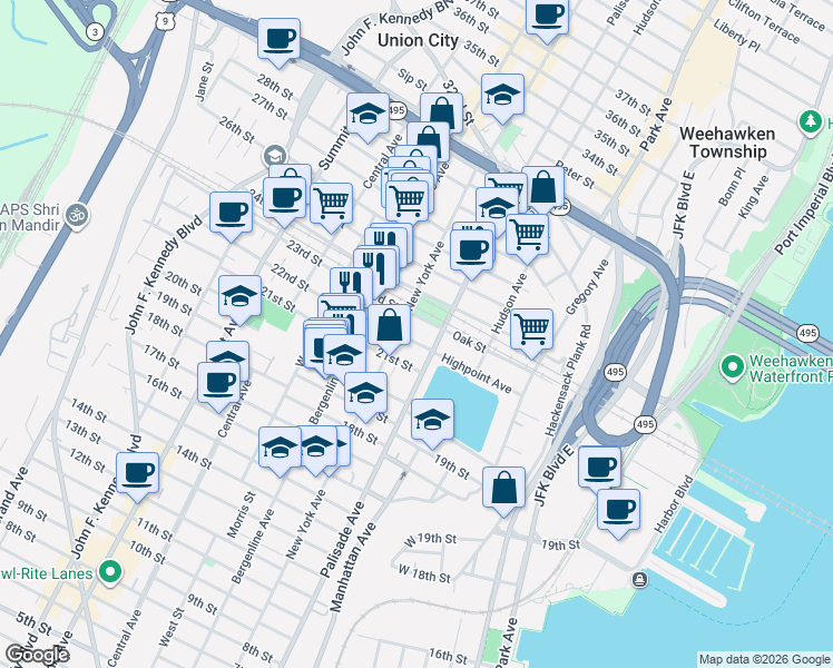 map of restaurants, bars, coffee shops, grocery stores, and more near 2201 Palisade Avenue in Union City