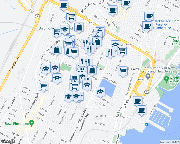 map of restaurants, bars, coffee shops, grocery stores, and more near 2105 New York Avenue in Union City