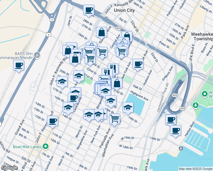 map of restaurants, bars, coffee shops, grocery stores, and more near 2025 Bergenline Avenue in Union City