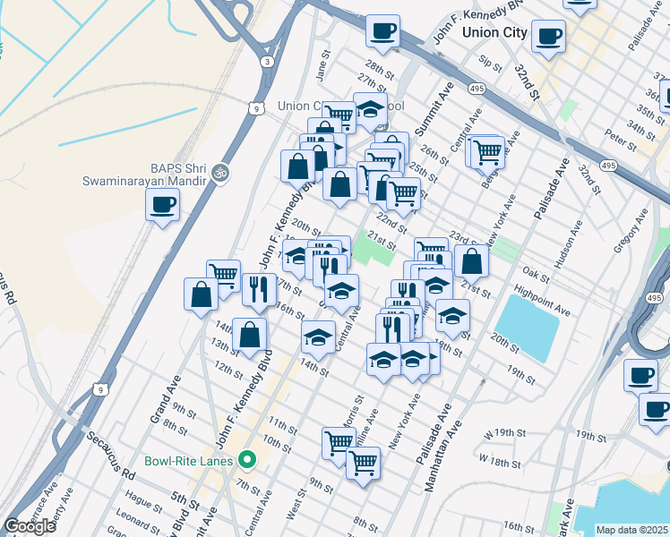 map of restaurants, bars, coffee shops, grocery stores, and more near 1800 Summit Avenue in Union City