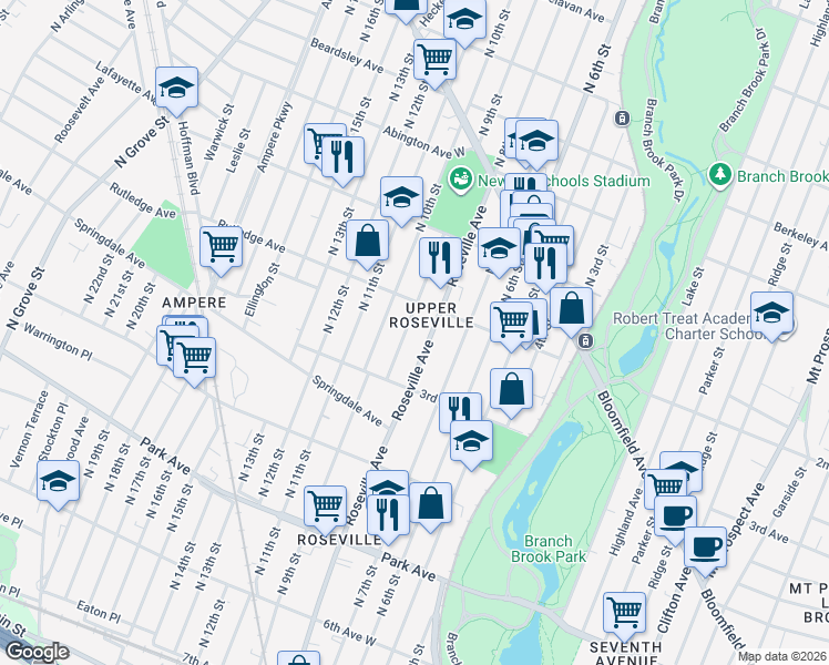 map of restaurants, bars, coffee shops, grocery stores, and more near 32 Peck Avenue in Newark