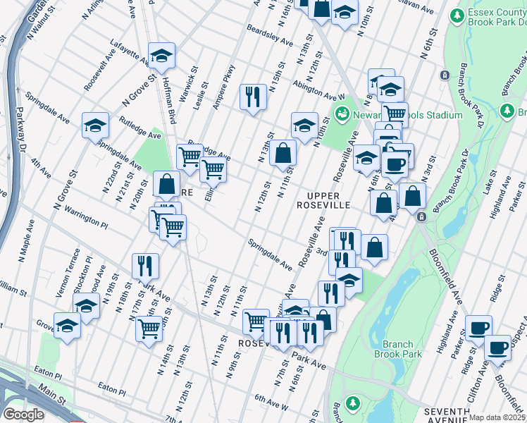 map of restaurants, bars, coffee shops, grocery stores, and more near 455 3rd Avenue West in Newark