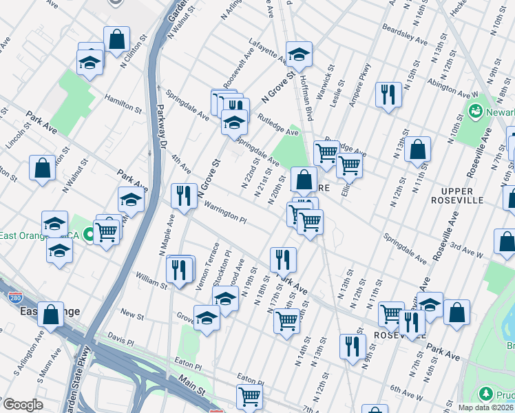 map of restaurants, bars, coffee shops, grocery stores, and more near 123 4th Avenue in East Orange