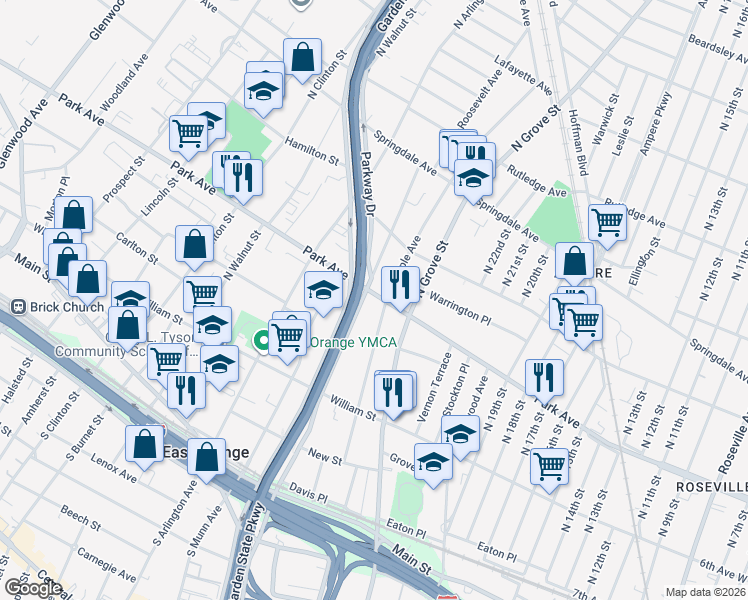 map of restaurants, bars, coffee shops, grocery stores, and more near 233 North Maple Avenue in East Orange