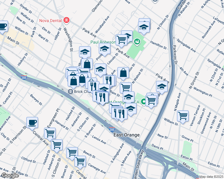 map of restaurants, bars, coffee shops, grocery stores, and more near 426 William Street in East Orange