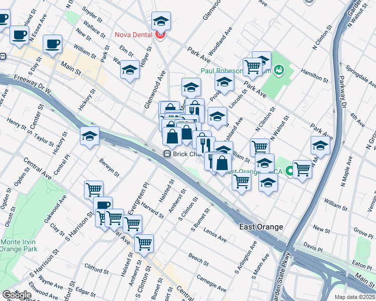 map of restaurants, bars, coffee shops, grocery stores, and more near 507 Doctor Martin Luther King Junior Boulevard in East Orange