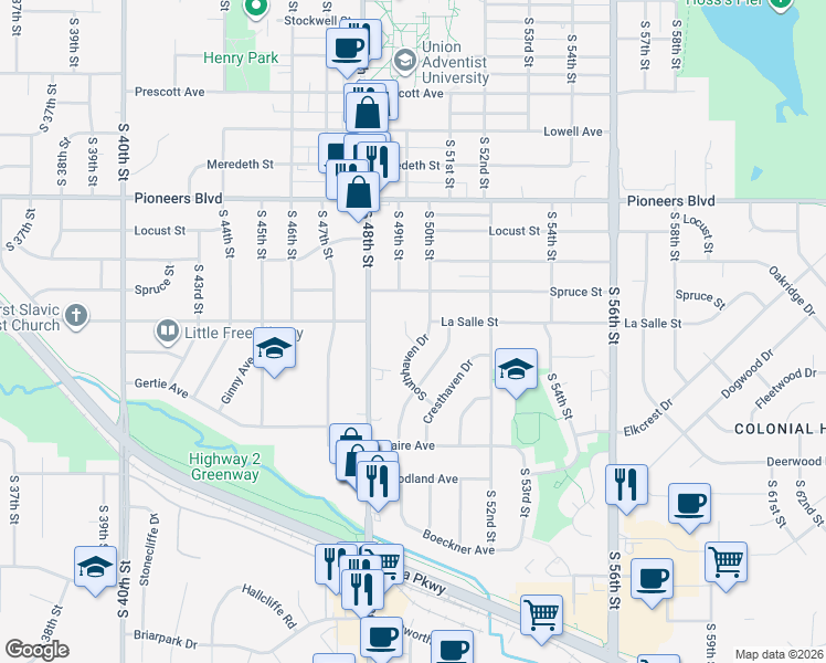 map of restaurants, bars, coffee shops, grocery stores, and more near 4801 Southhaven Drive in Lincoln