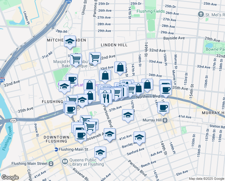 map of restaurants, bars, coffee shops, grocery stores, and more near 144-32 35th Avenue in Queens