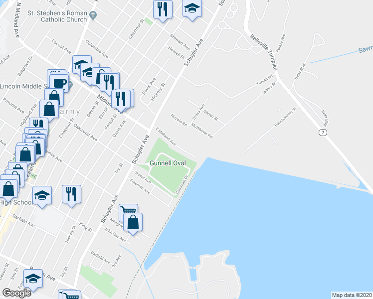 map of restaurants, bars, coffee shops, grocery stores, and more near 49 East Midland Avenue in Kearny