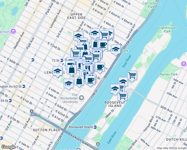 map of restaurants, bars, coffee shops, grocery stores, and more near 501 East 71st Street in New York