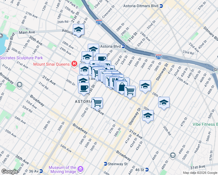 map of restaurants, bars, coffee shops, grocery stores, and more near 30-14 33rd Street in Queens